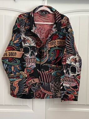 Rebel Vengeance Skull & Floral Pattern Button-Up Jacket shacket size XL